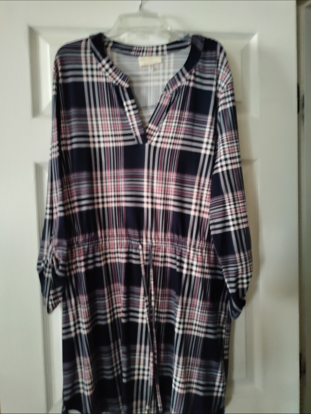 Bobbie Brooks Navy, White & Pink Plaid Drawstring Tunic Dress - Picture 2 of 9